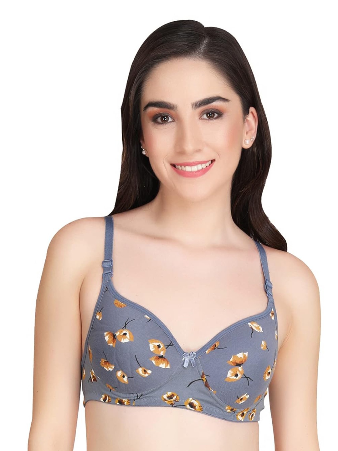 

ACCEZORY Floral Medium Coverage Lightly Padded Bra With All Day Comfort, Grey