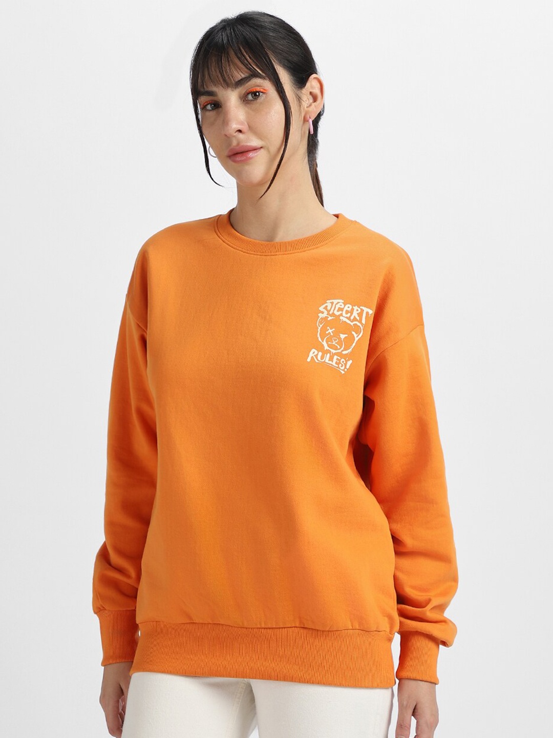 

JUNEBERRY Graphic Printed Oversized Crew Neck Pullover Fleece Sweatshirt, Orange