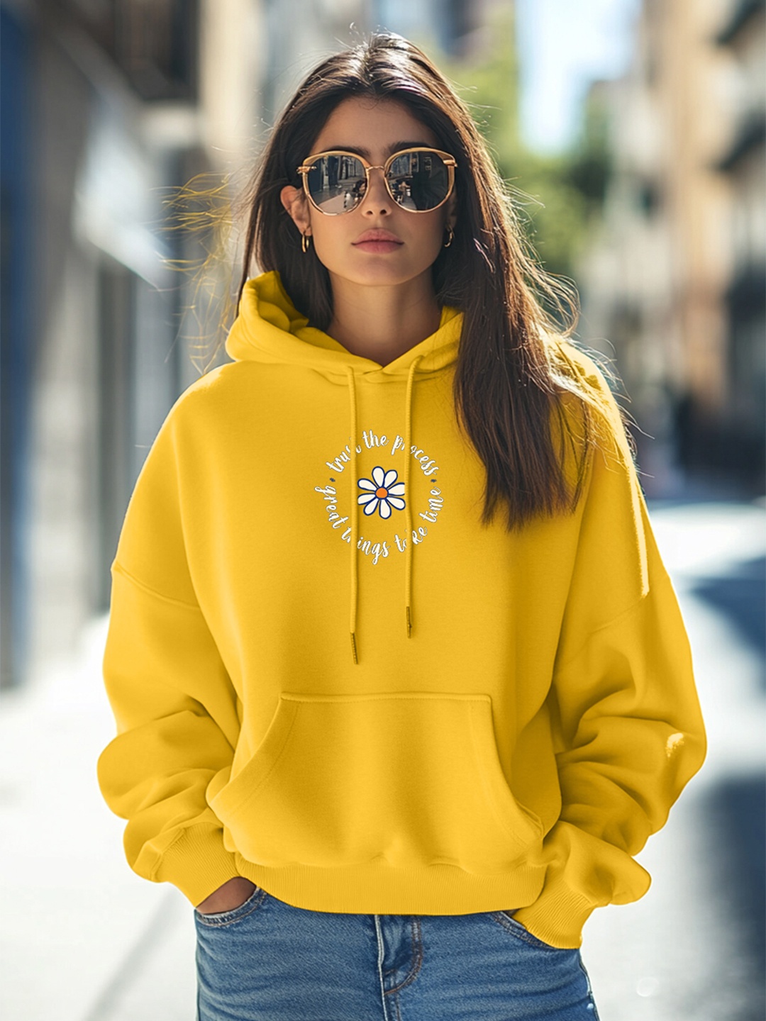 

JUNEBERRY Floral Printed Hooded Fleece Sweatshirt, Mustard