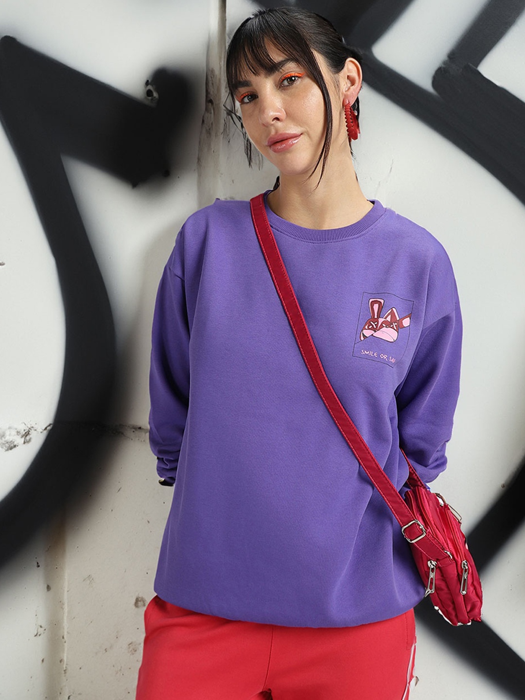 JUNEBERRY Printed Oversize Fleece Sweatshirt, Purple