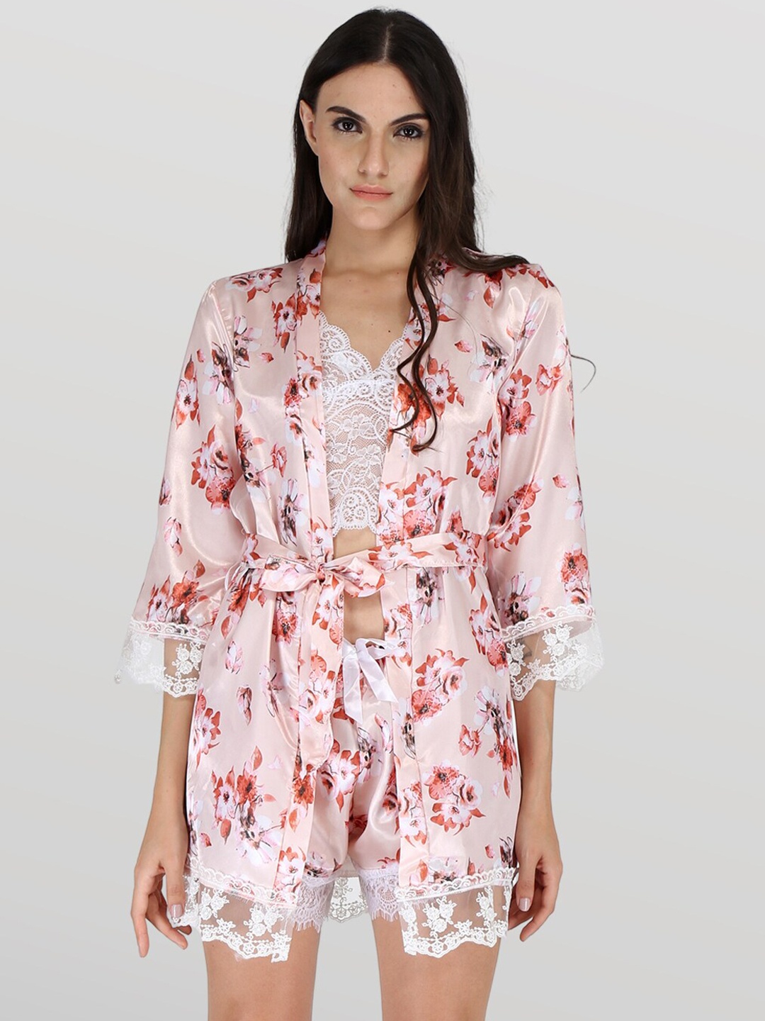 

EZLOOT Self Design V-Neck Top & Printed Shorts With Robe, Peach