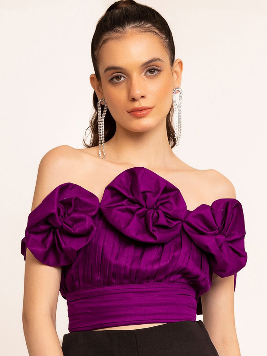 

KAORI BY SHREYA AGARWAL Off Shoulder Ruffled & Pleated Bardot Crop Top, Purple