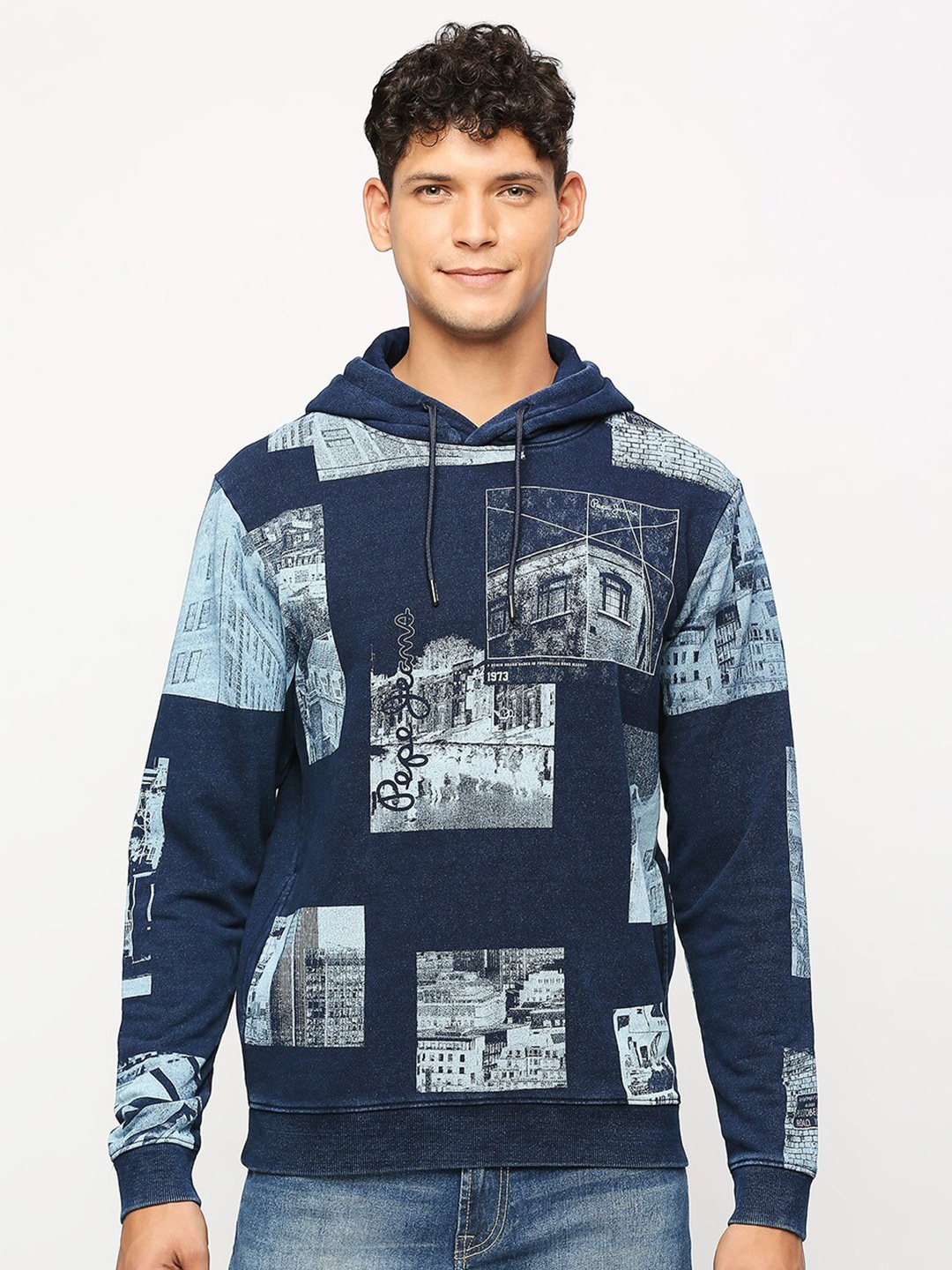 

Pepe Jeans Graphic Printed Hooded Pure Cotton Pullover, Navy blue