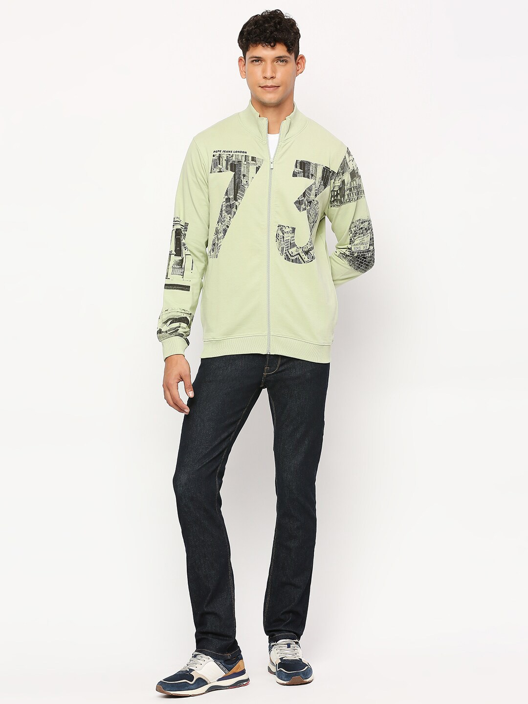

Pepe Jeans Graphic Printed Mock Collar Pure Cotton Front-Open Sweatshirt, Sea green