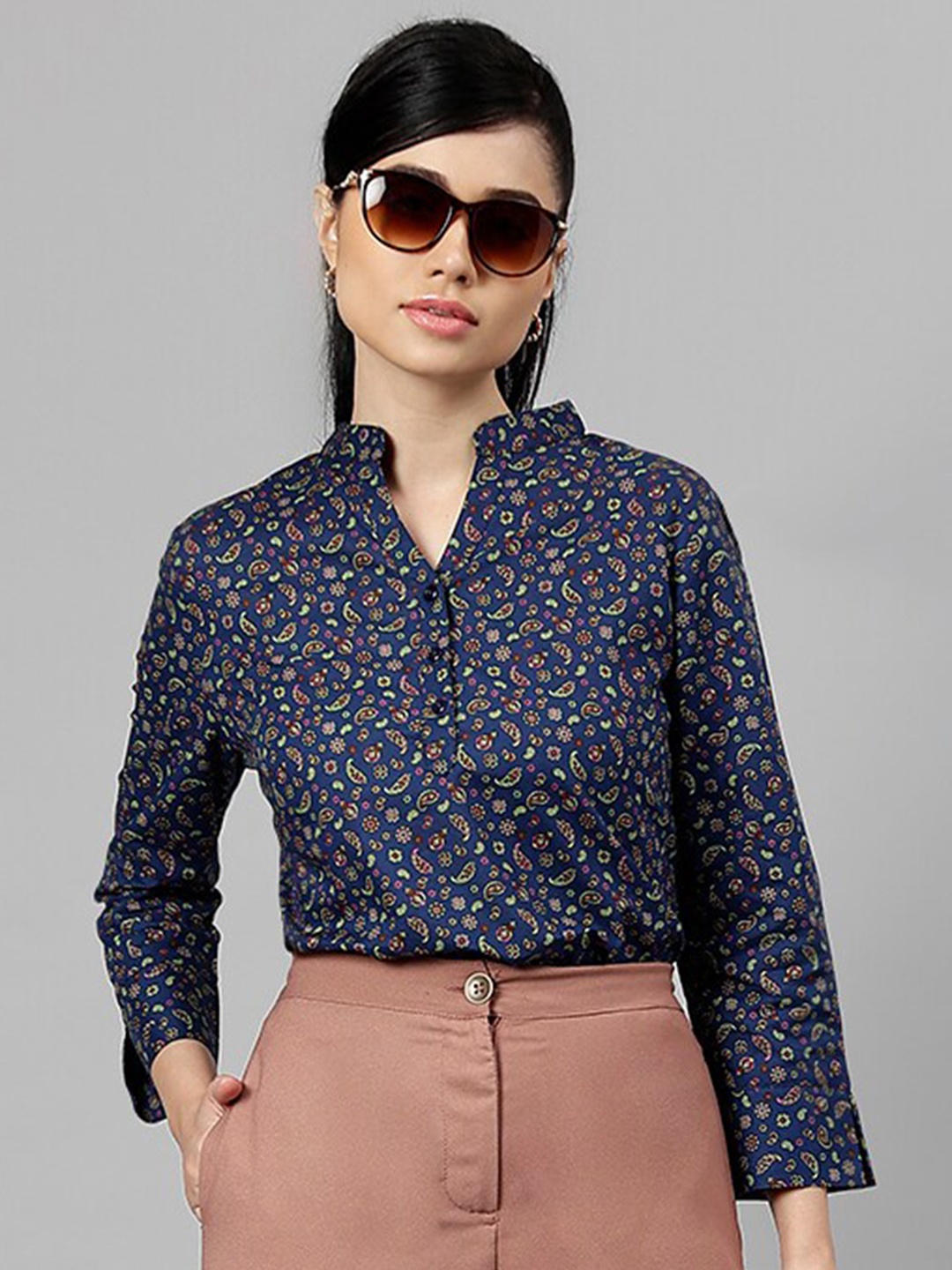 

Hancock Paisley Printed Mandarin Collar Pure Cotton Top, Navy blue