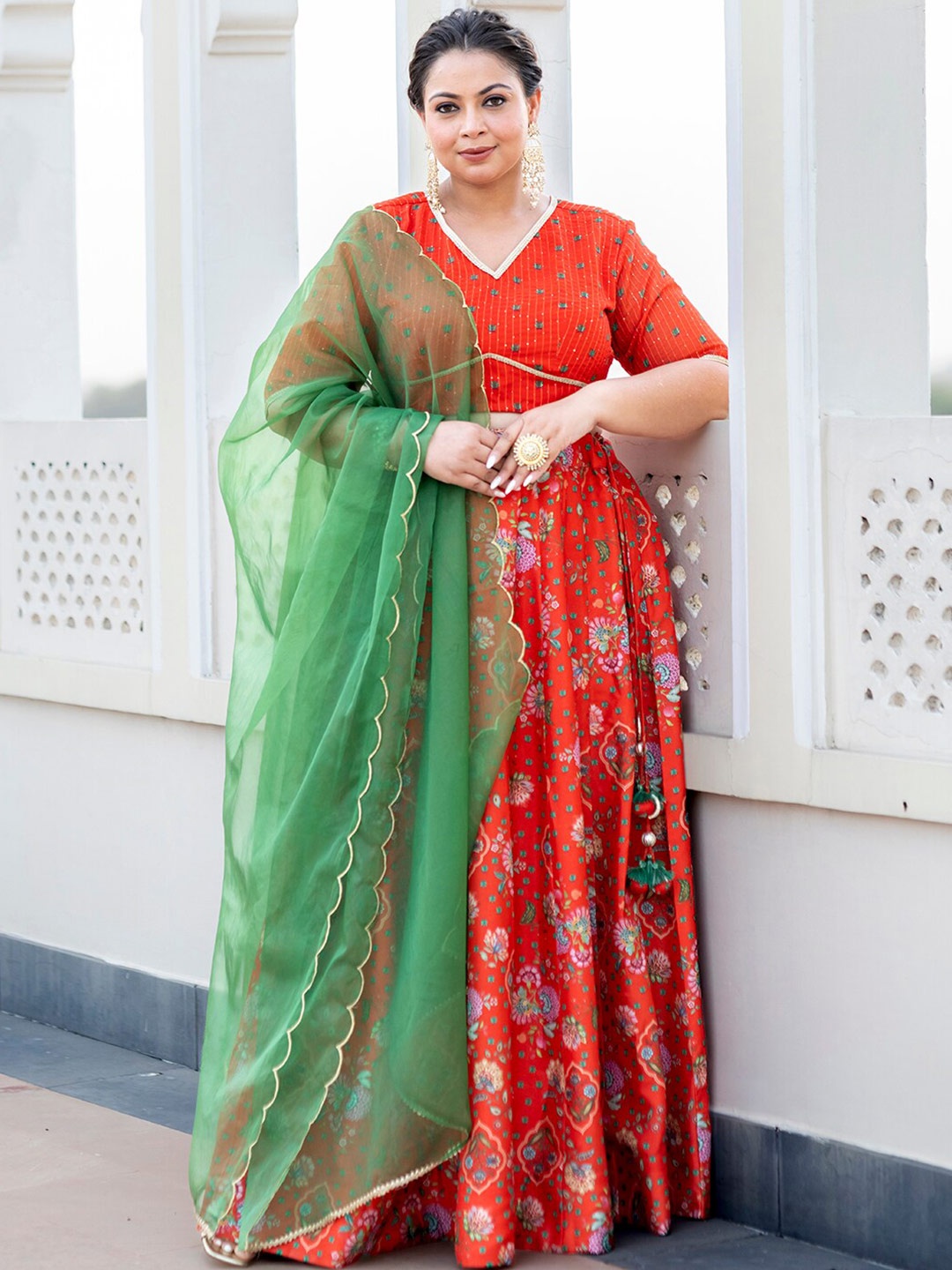 

Janasya Plus Size Printed Ready To Wear Lehenga & Blouse With Dupatta, Orange