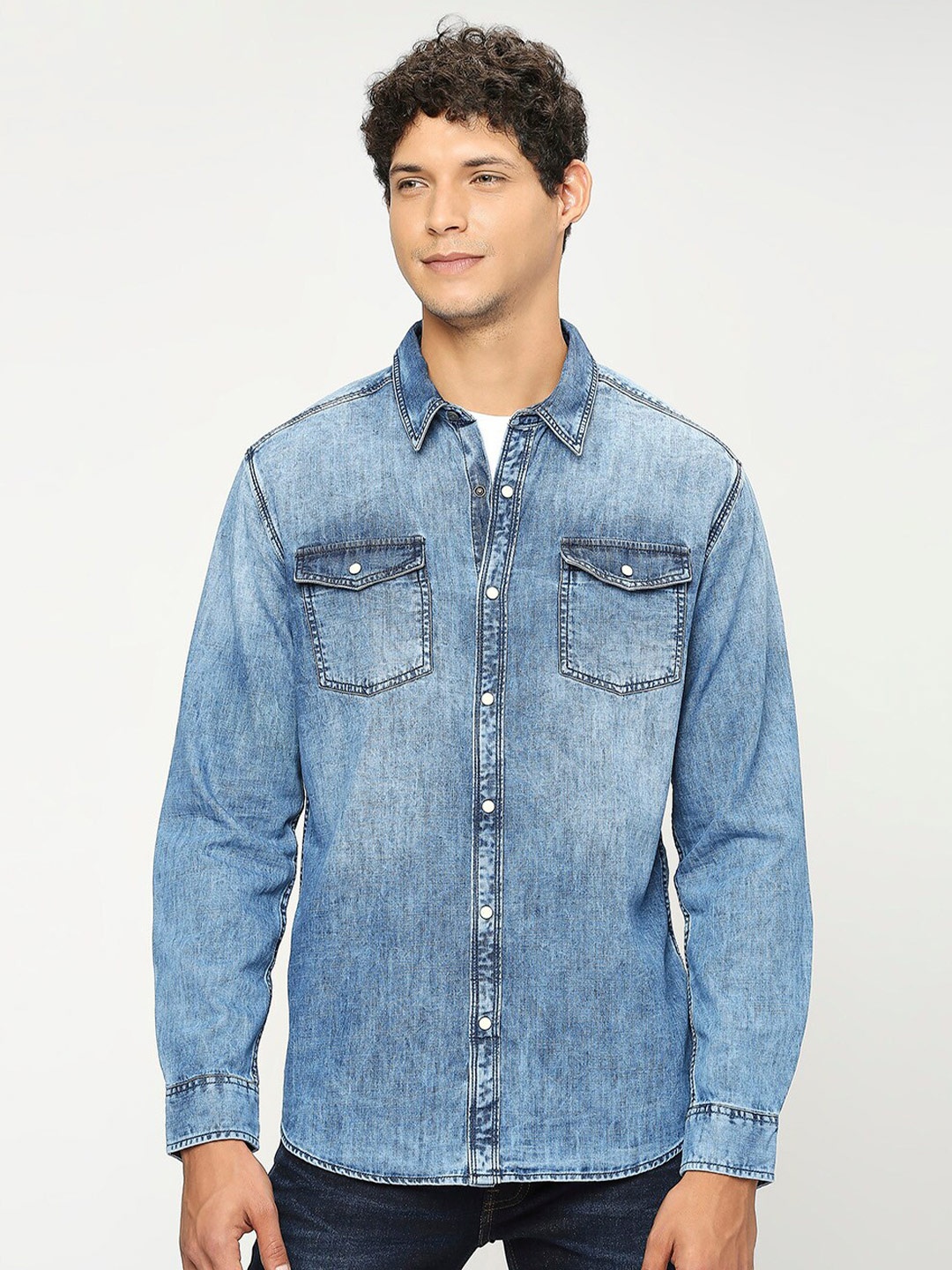 

Pepe Jeans Spread Collar Long Sleeve Pocket Detail Faded Cotton Casual Shirt, Blue