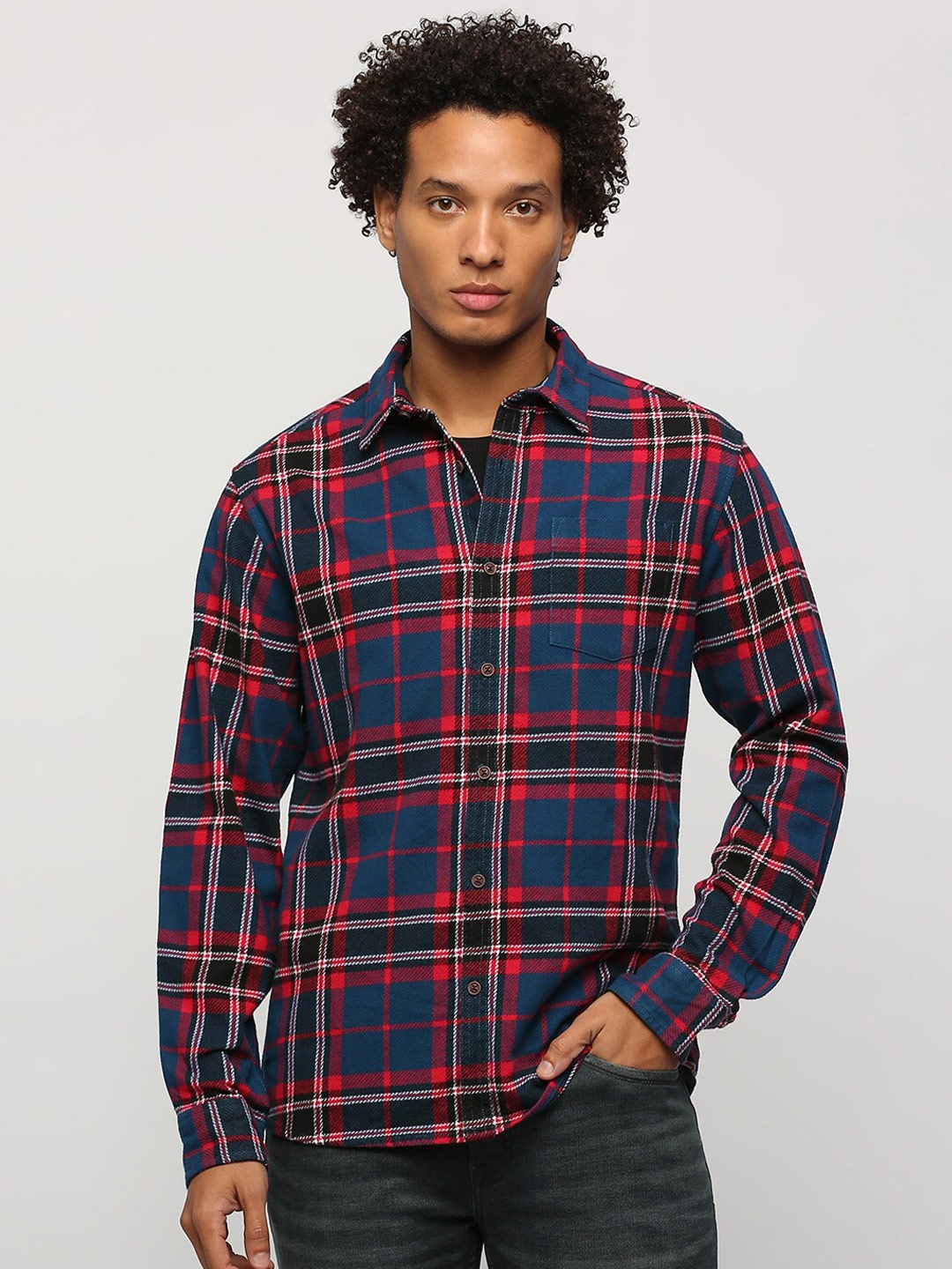 

Pepe Jeans Checked Spread Collar Chest Pocket Pure Cotton Casual Shirt, Blue