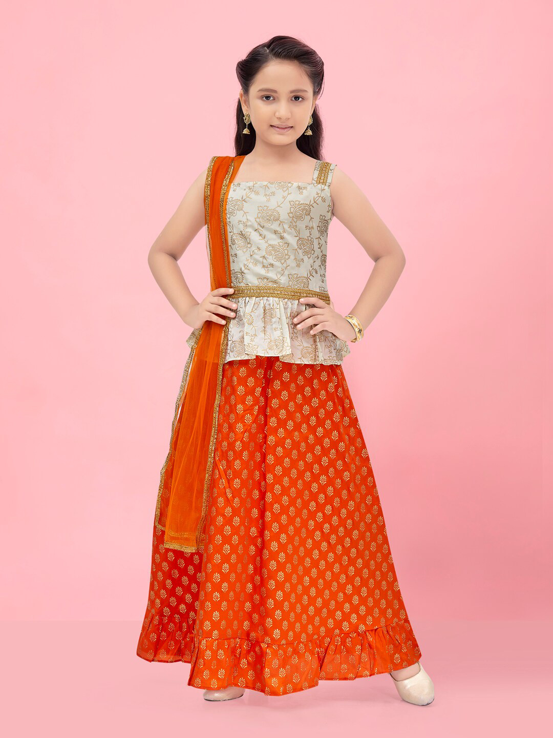 

Aarika Girls Ethnic Motifs Printed Square Neck Sleeveless Lehenga Choli & Dupatta, Cream