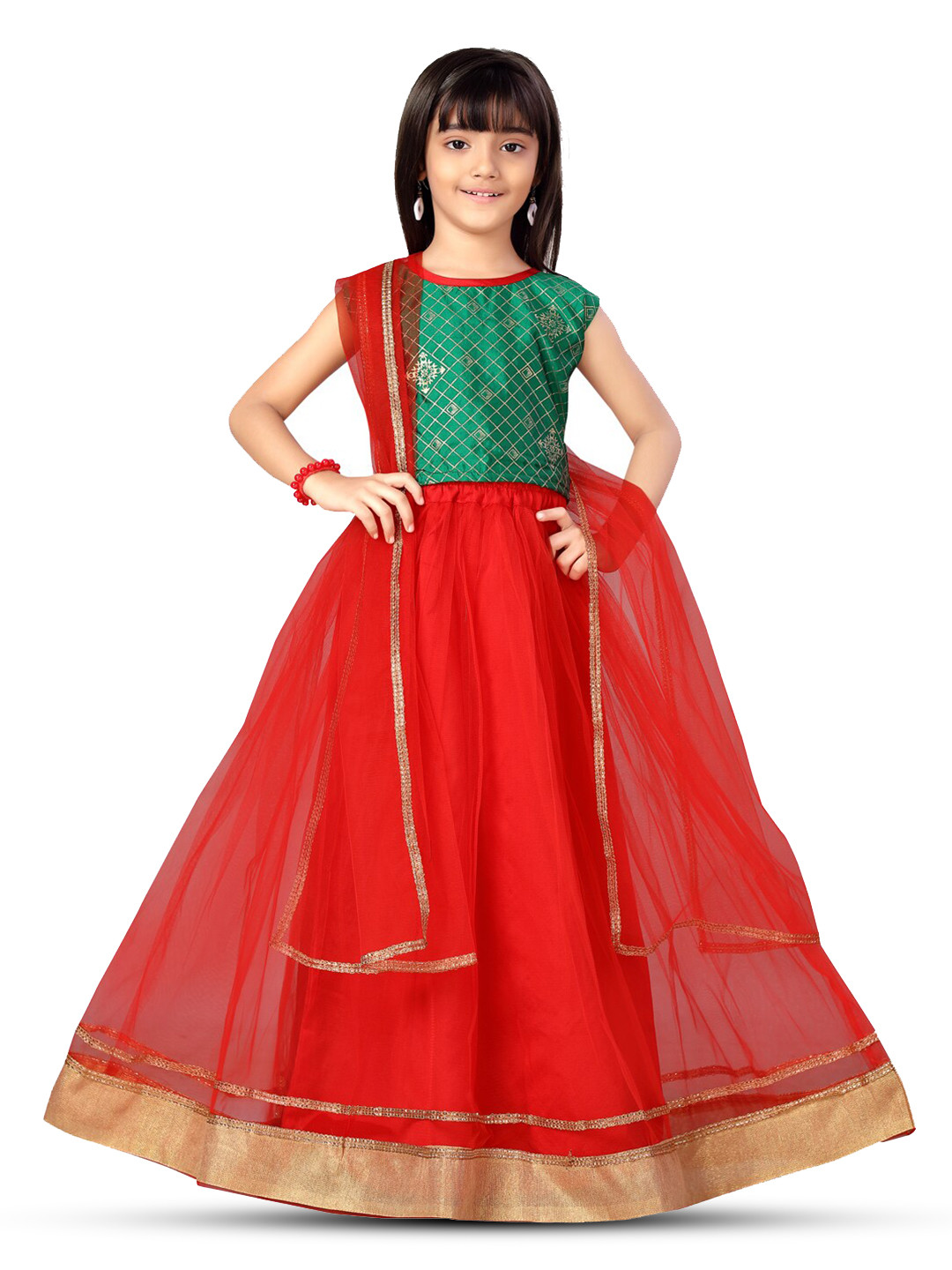 

Aarika Girls Geometric Printed Round Neck Lehenga Choli & Dupatta, Green