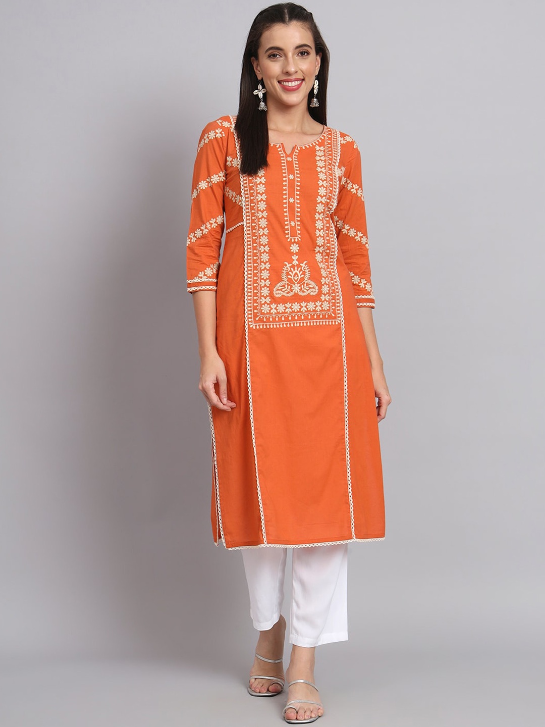 

RANGMAYEE Ethnic Motifs Embroidered Thread Work Pure Cotton Straight Kurta, Orange