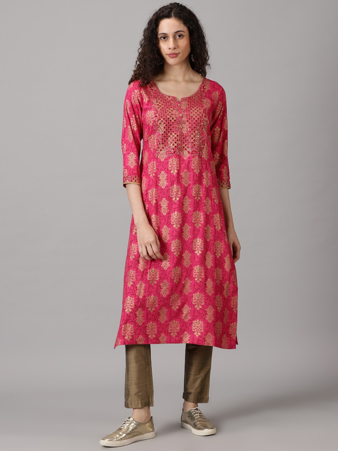 

RANGMAYEE Ethnic Motifs Printed Mirror Work Liva Kurta, Magenta