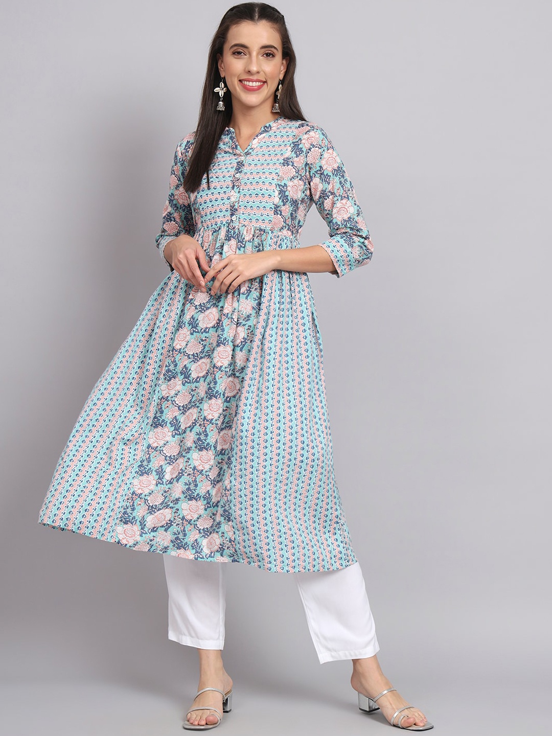 

RANGMAYEE Floral Printed Mandarin Collar Pleated Cotton A-Line Kurta, Blue