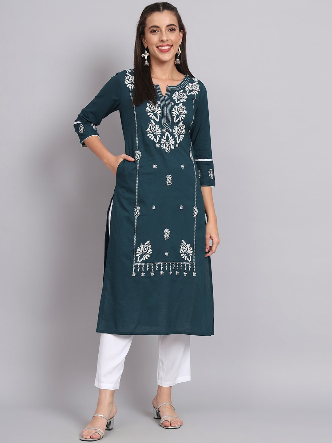 

RANGMAYEE Ethnic Motifs Embroidered Thread Work Pure Cotton Straight Kurta, Teal