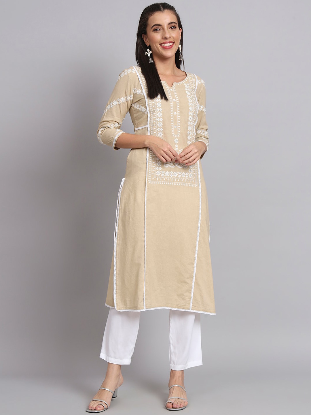 

RANGMAYEE Ethnic Motifs Embroidered Thread Work Pure Cotton Straight Kurta, Cream