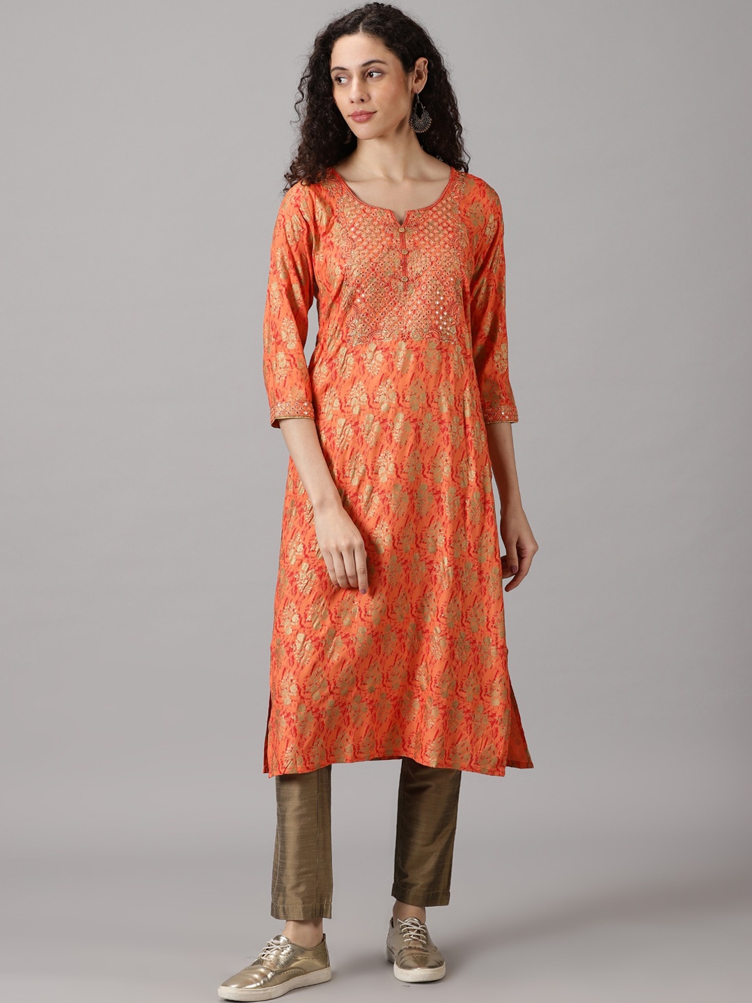 

RANGMAYEE Ethnic Motifs Printed Mirror Work Liva Kurta, Orange