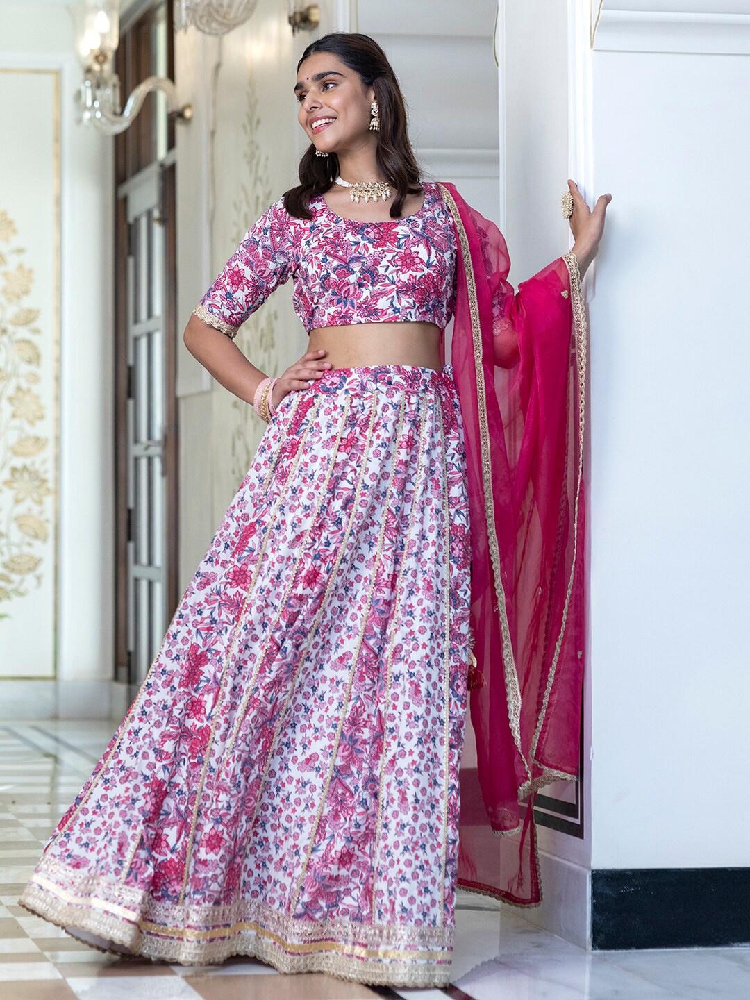 

Janasya Floral Printed Ready to Wear Cotton Lehenga & Blouse With Dupatta, White