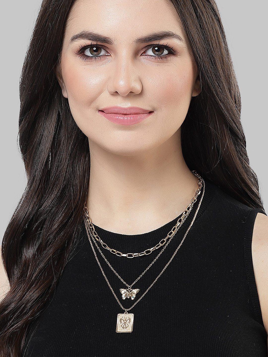 

Bohey by KARATCART Gold-Plated Butterfly Multicharm Layered Chain