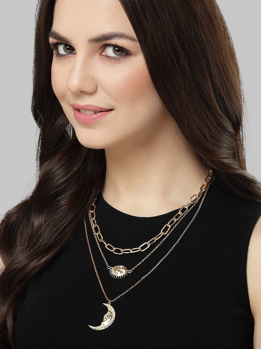 

Bohey by KARATCART Gold-Plated Half Sun & Moon Multicharm Layered Chain
