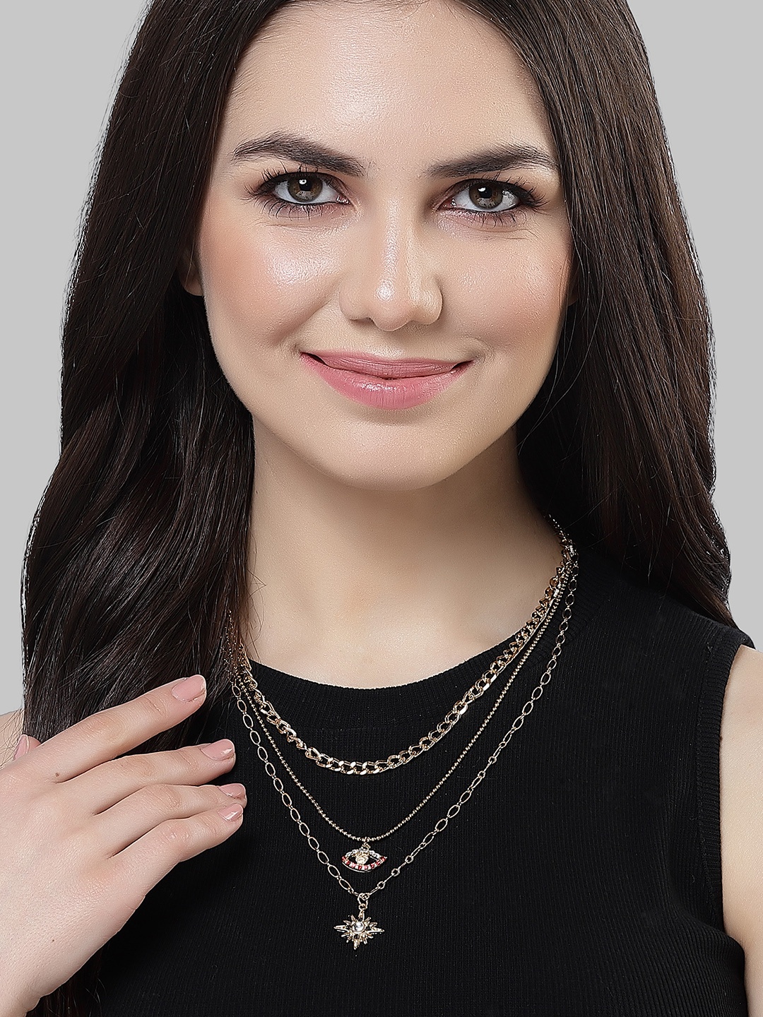 

Bohey by KARATCART Gold-Plated Studded Layered Chain