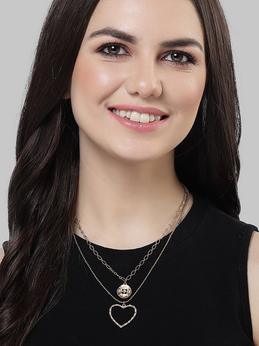 

Bohey by KARATCART Gold-Plated Heart Shape Multicharm Layered Chain