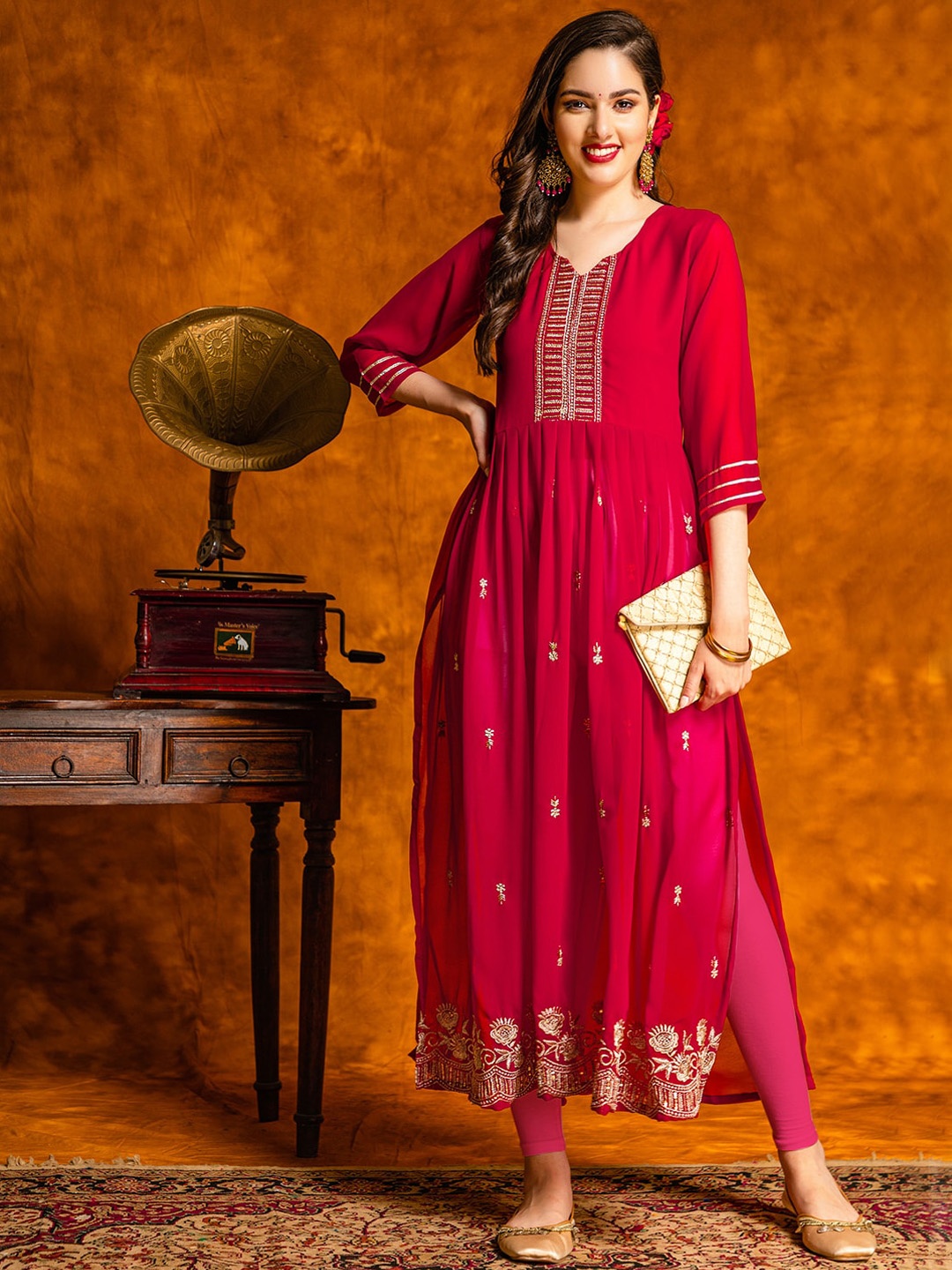 

KALINI Ethnic Motifs Embroidered Yoke & Border Sequined Pleated Georgette Straight Kurta, Red