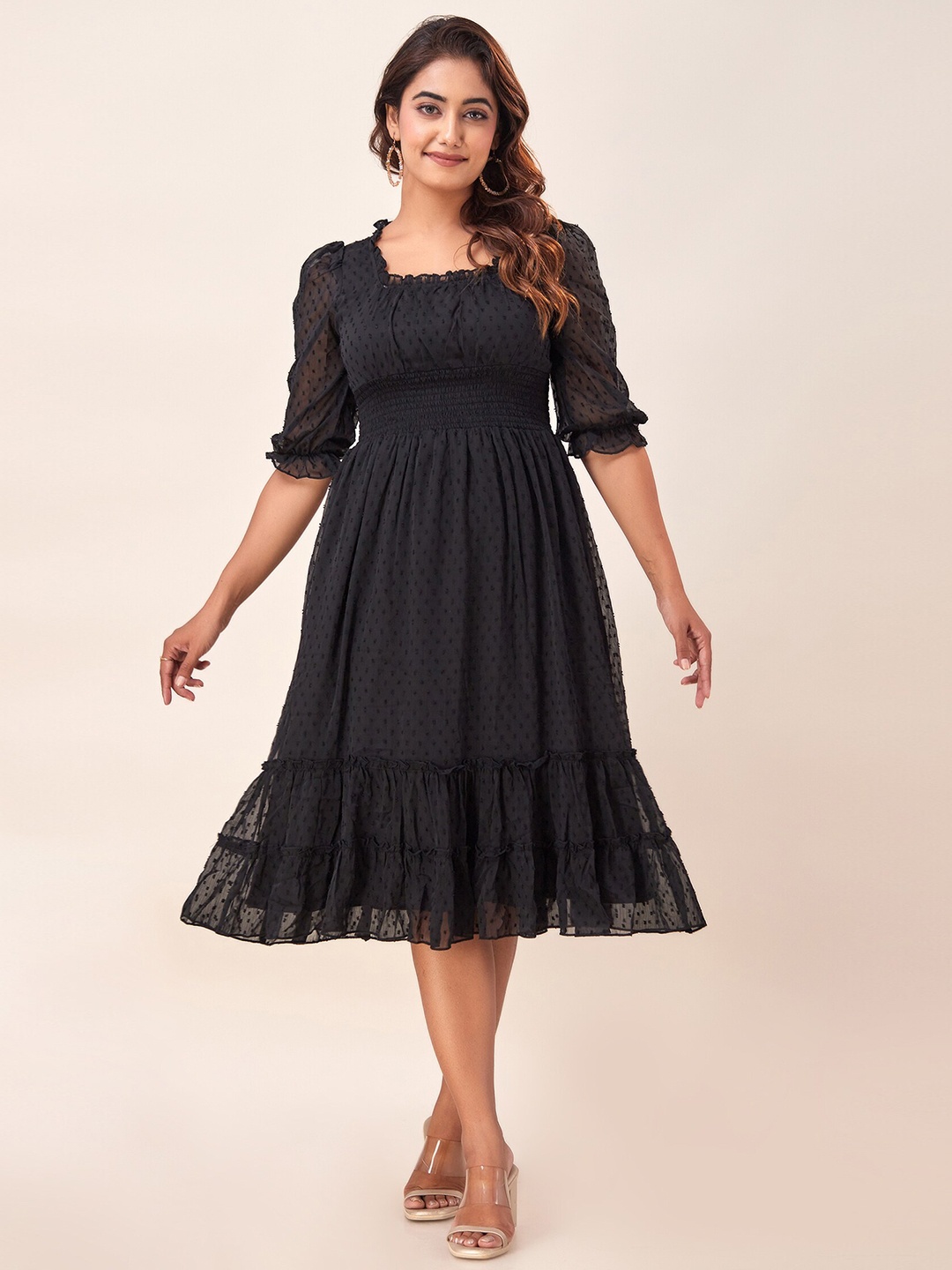 

HERE&NOW Self Design Square Neck Puff Sleeves Tiered & Smocking Fit and Flare Midi Dress, Black