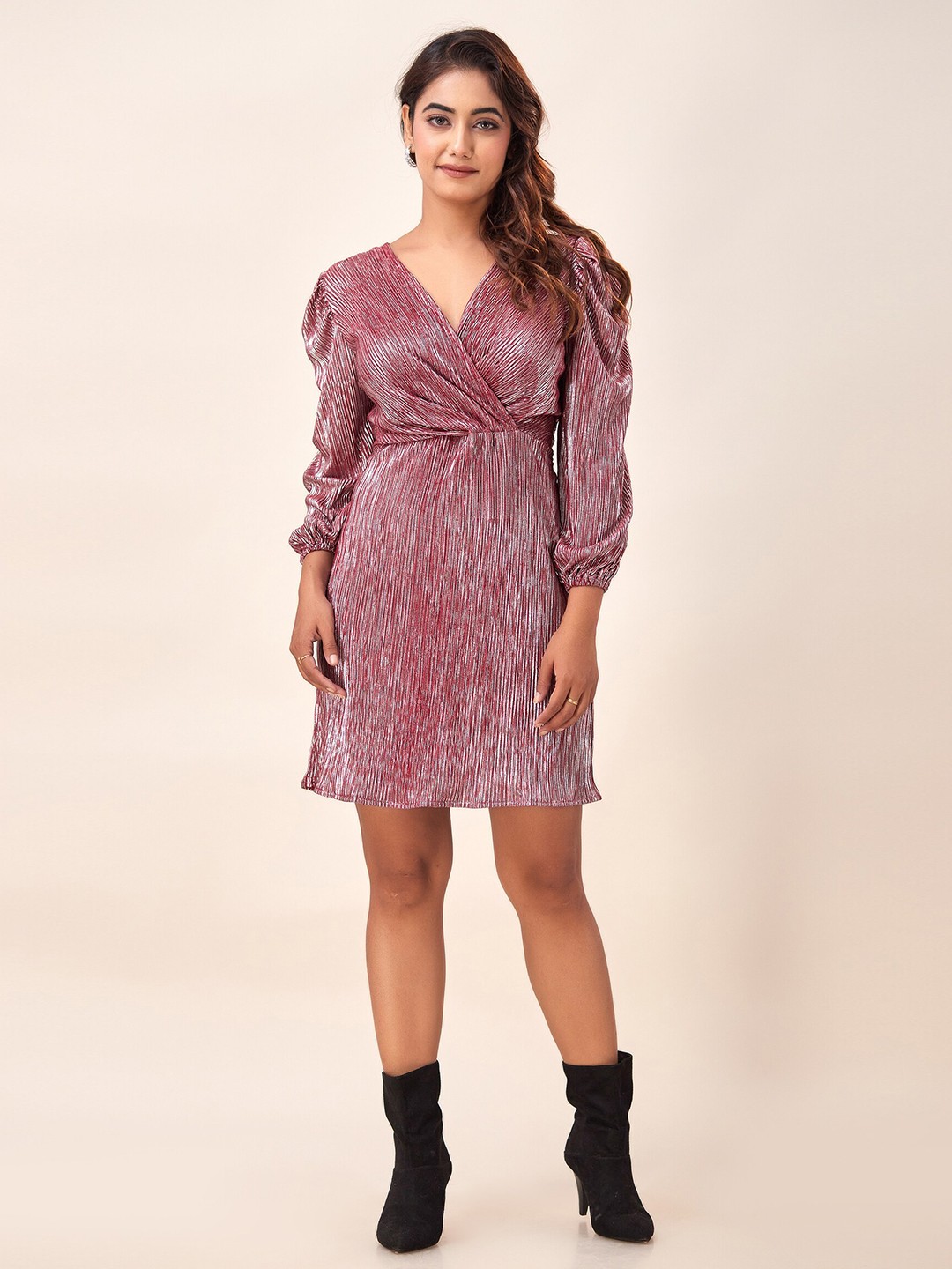 

HERE&NOW Striped V-Neck Puff Sleeves Printed Wrap Mini Dress, Pink