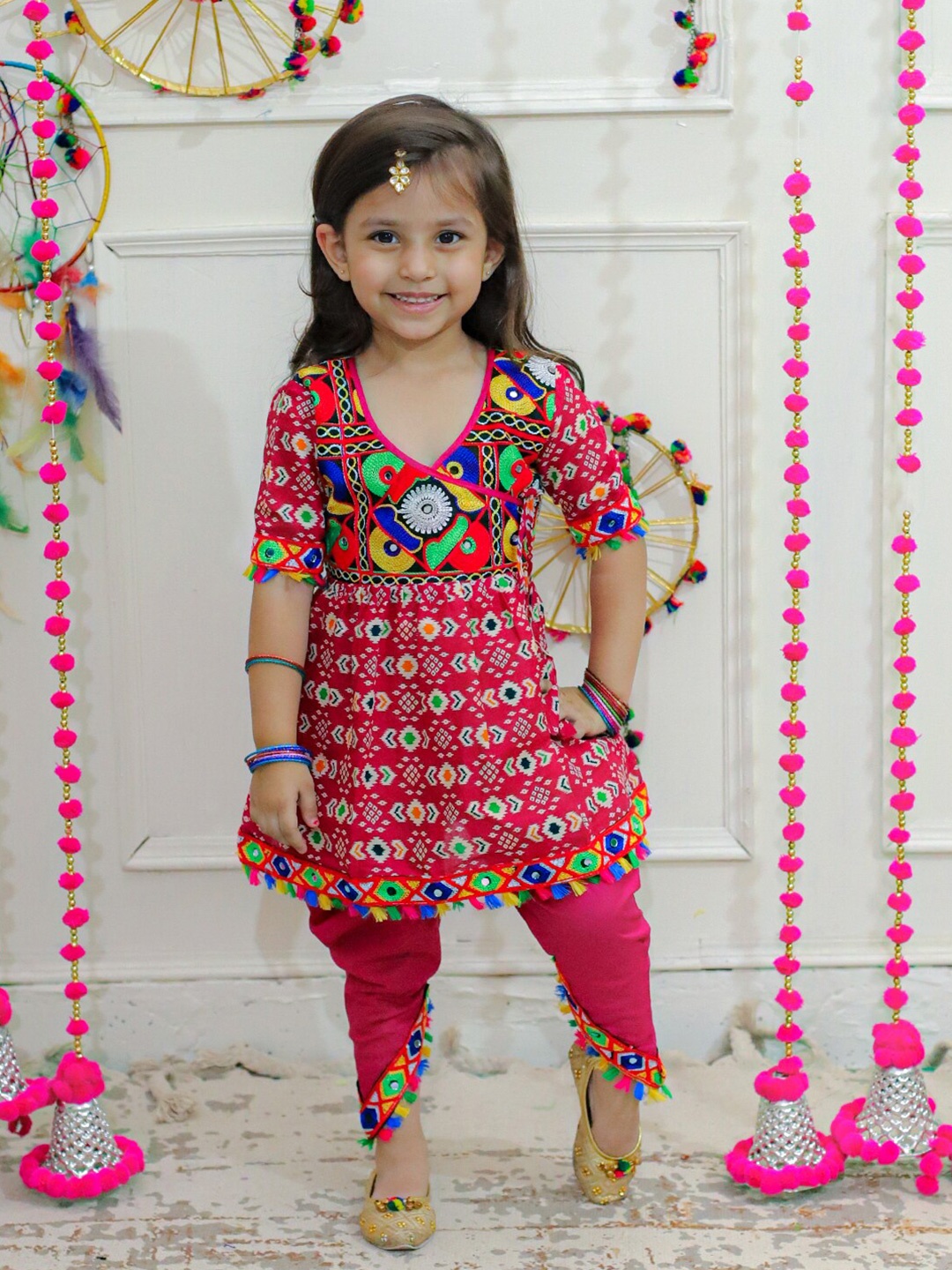 

BownBee Girls Printed Thread Work Pure Cotton Angrakha A-line Kurta With Dhoti Pants, Pink