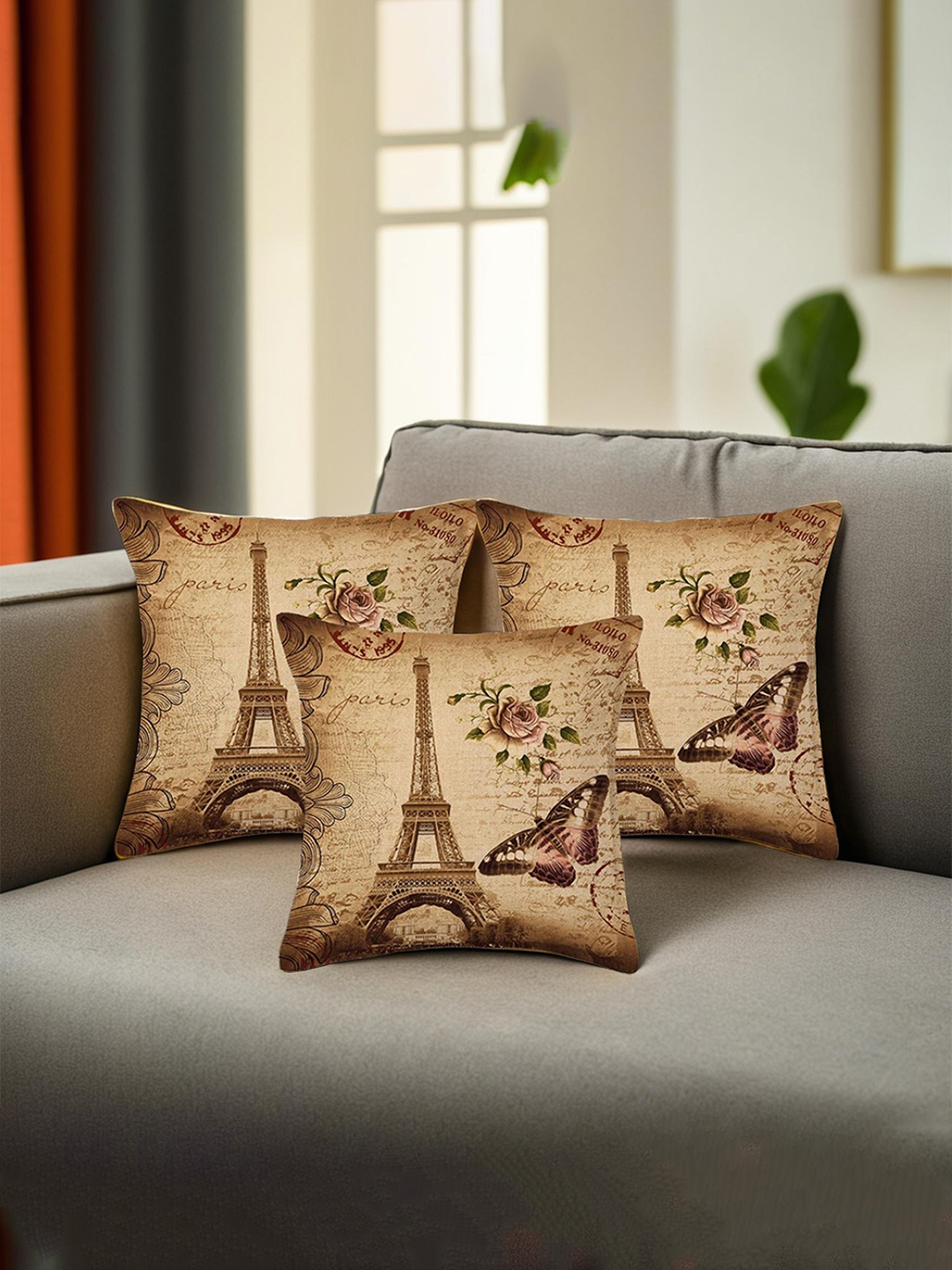 

Kuber Industries 3-Pcs Printed Cotton Square Cushion Covers, Brown
