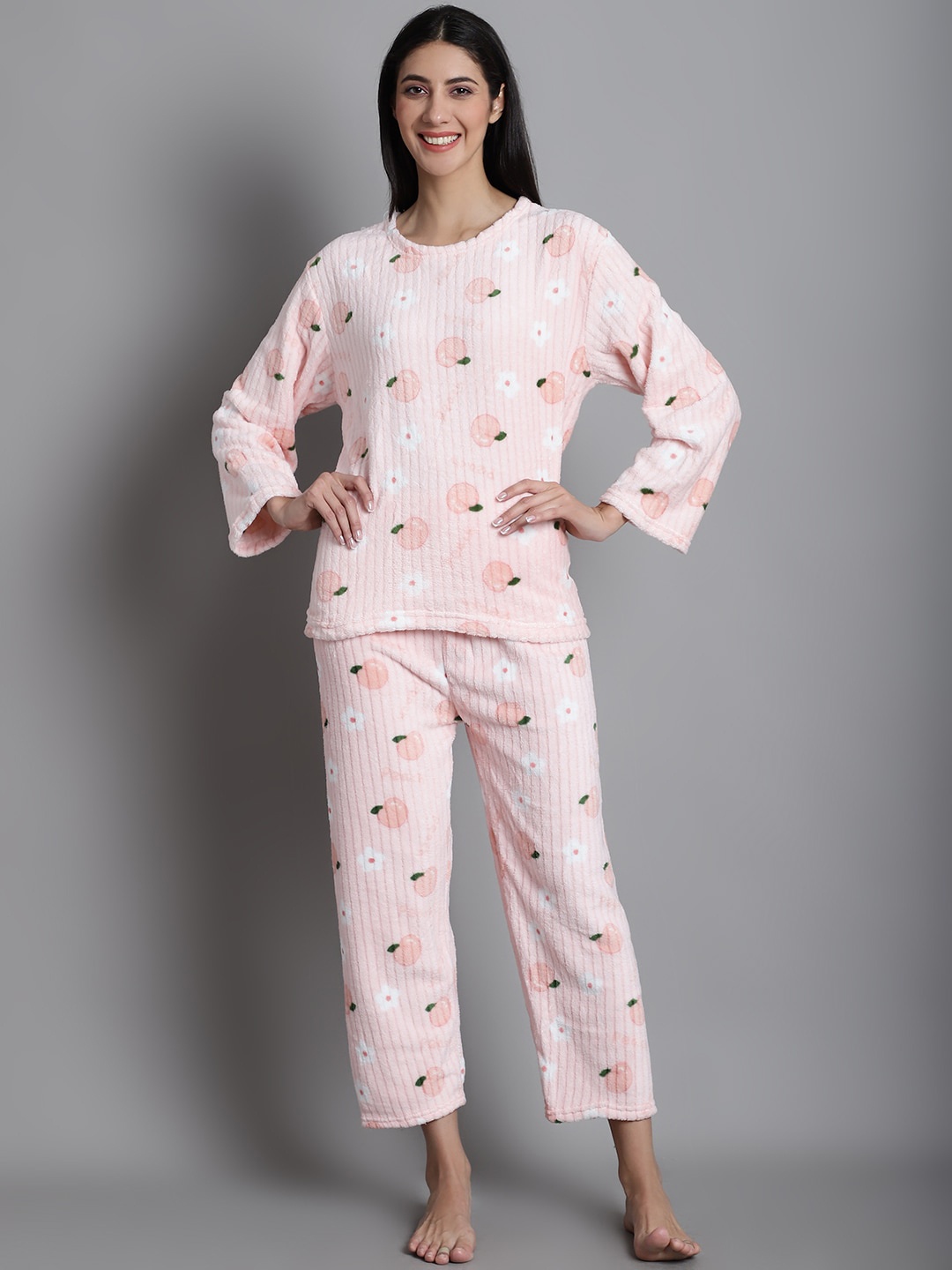

Jinfo Conversational Printed Fleece Night suit, Pink
