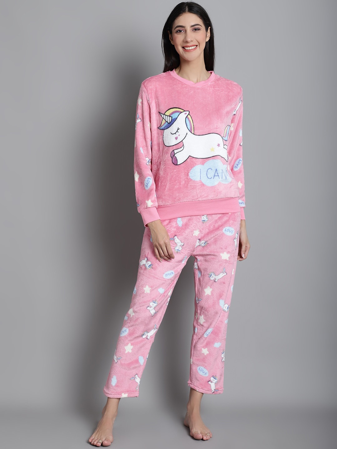 

Jinfo Graphic Printed Fleece T-shirt With Pyjamas, Pink
