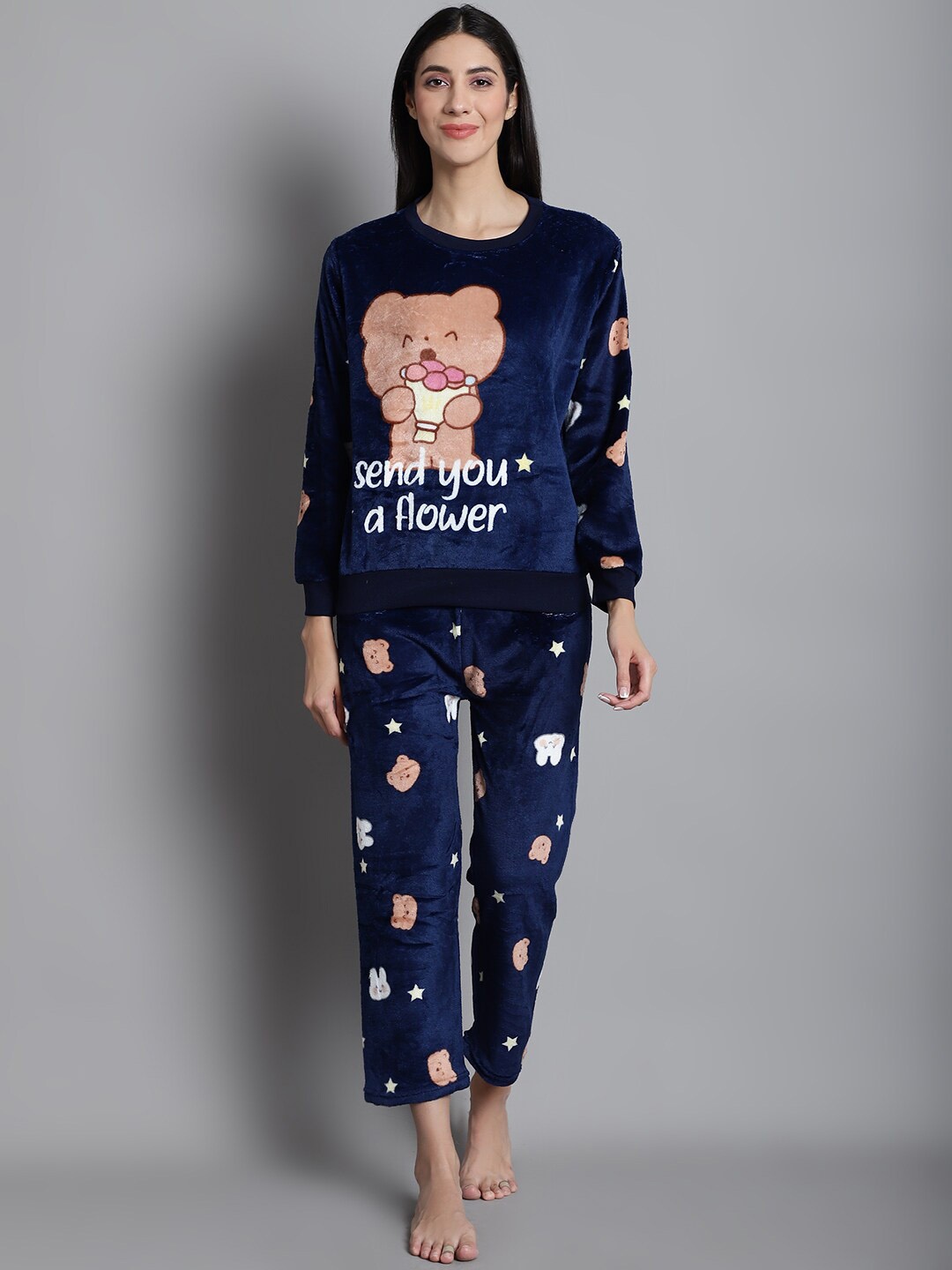 

Jinfo Printed Fleece Top And Pyjamas Night Suit, Navy blue
