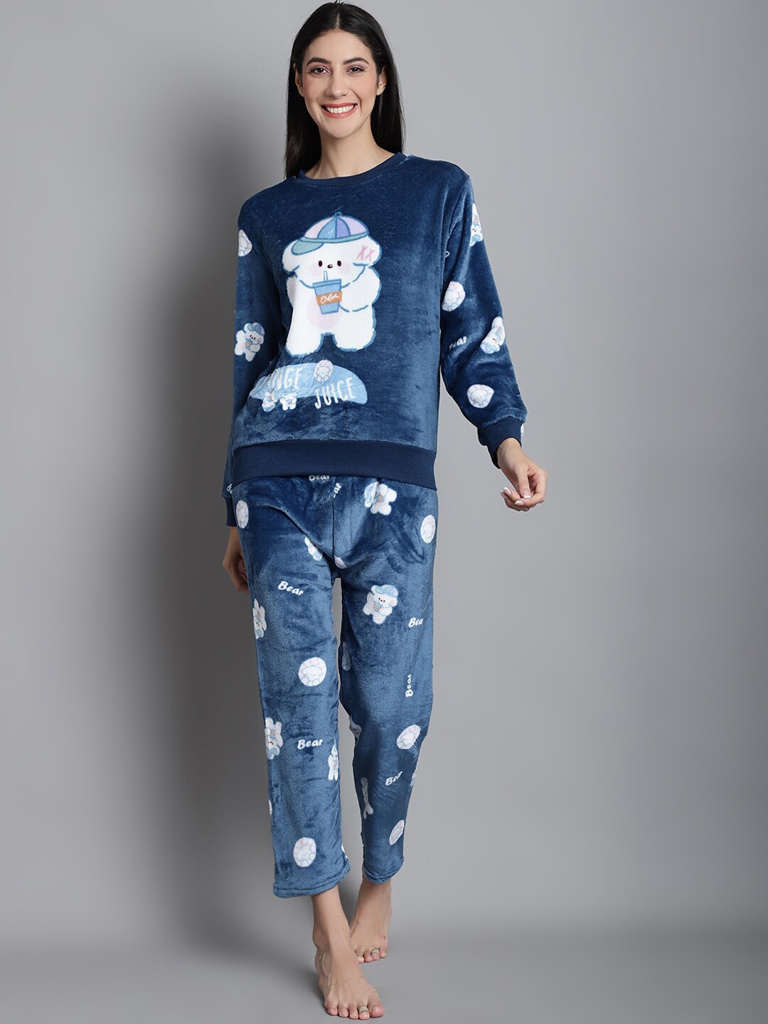 

Jinfo Graphic Printed Fleece T-shirt With Pyjamas, Navy blue