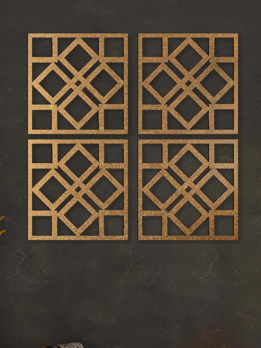 

Art Street Metallic-toned 4 Pieces Square Block MDF Jharokha Jali 3D Wall Decor, Gold