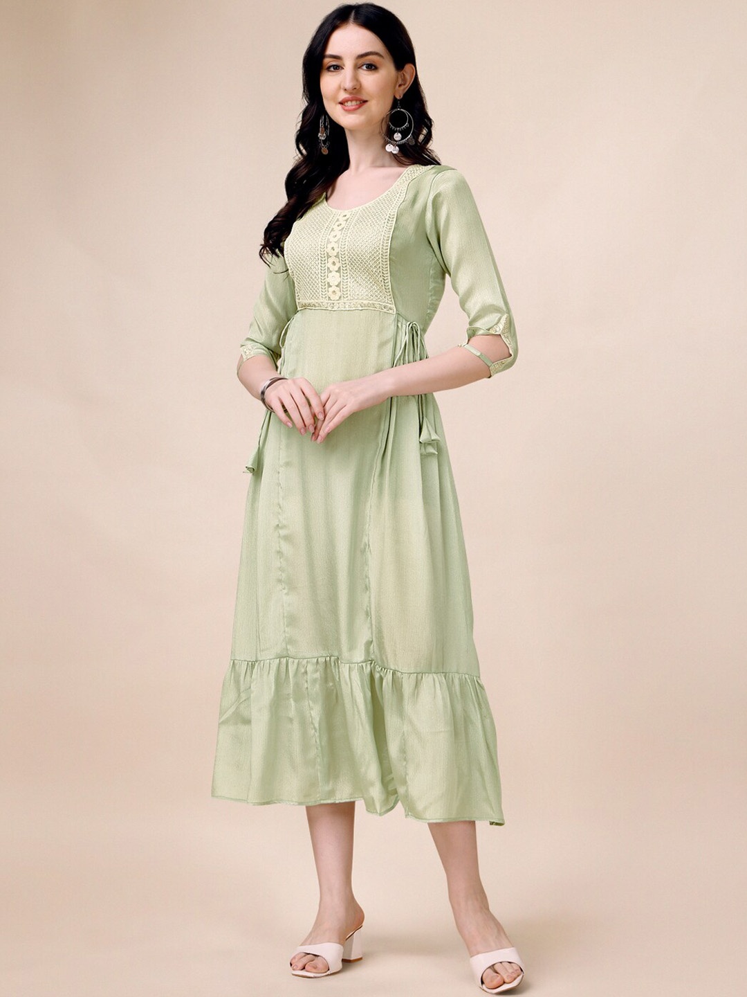 

GOROLY Floral Embroidered Silk A-Line Ethnic Dress, Lime green