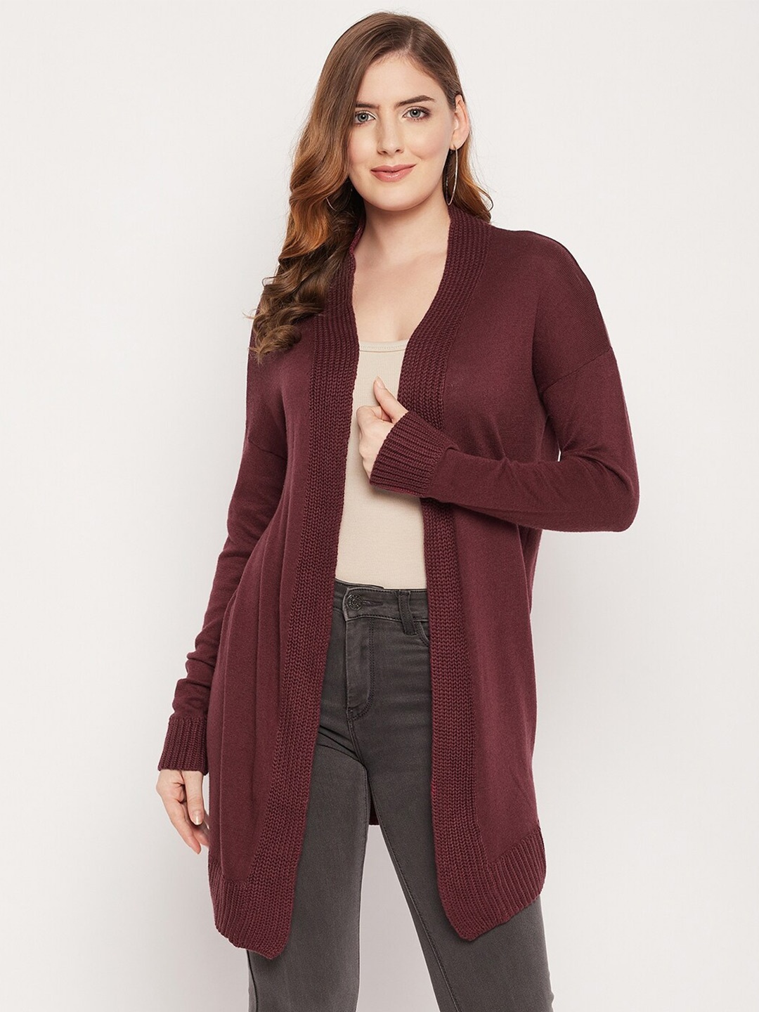 

STYLE BLUSH Open Front Wool Longline Shrug, Burgundy