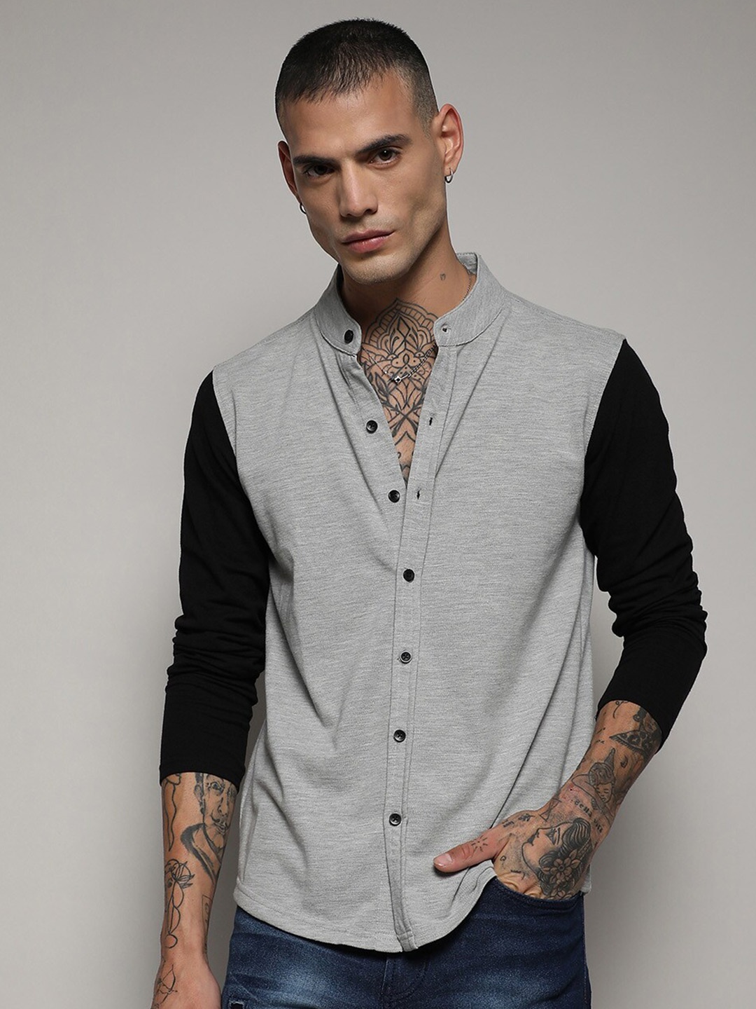 

Campus Sutra Grey Classic Band Collar Cotton Casual Shirt