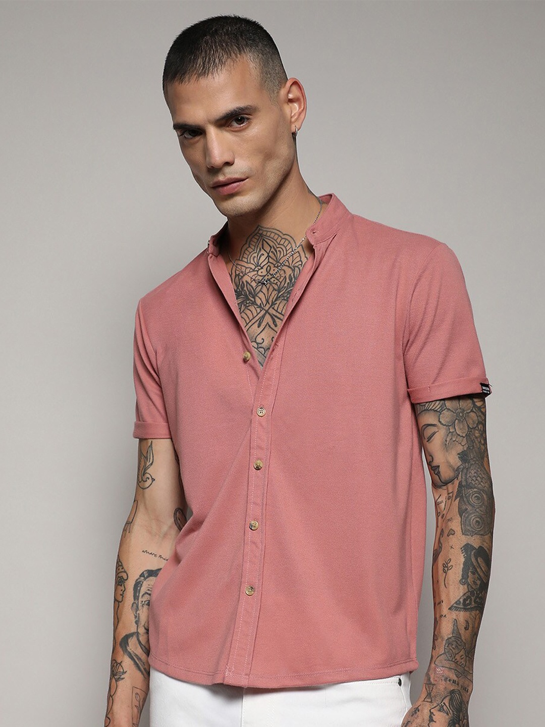 

Campus Sutra Pink Classic Band Collar Cotton Casual Shirt