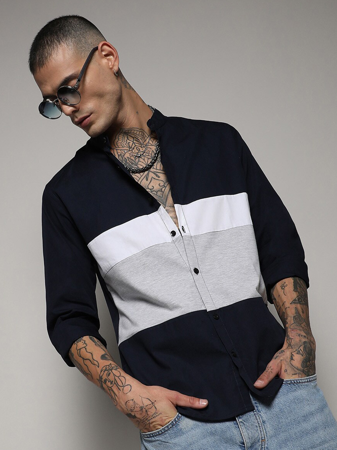 

Campus Sutra Black Classic Colourblocked Band Collar Cotton Casual Shirt