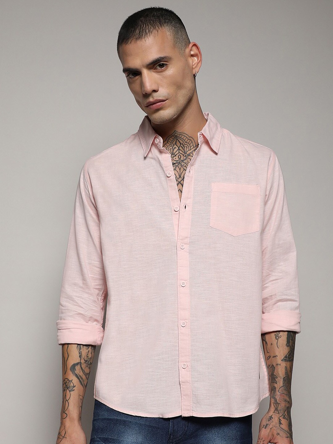 

Campus Sutra Pink Classic Cotton Casual Shirt