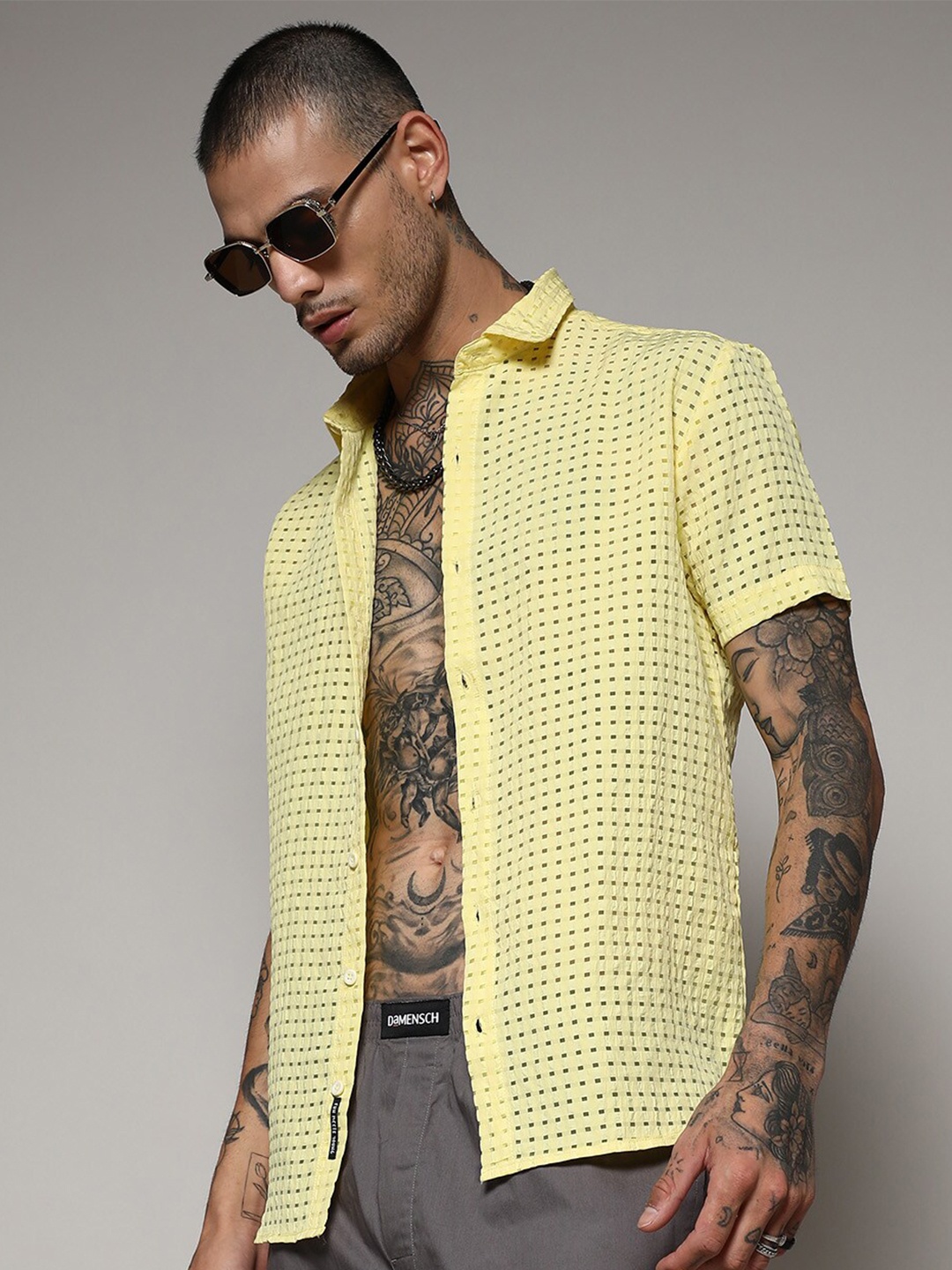 

Campus Sutra Classic Geometric Printed Spread Collar Casual Shirt, Yellow