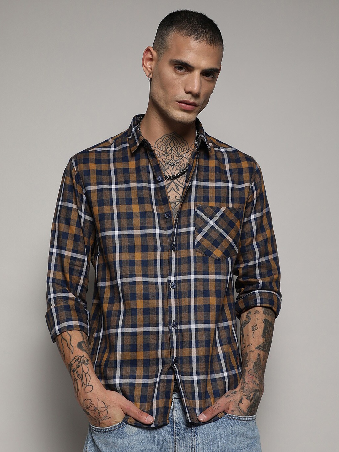 

Campus Sutra Mustard Yellow, Blue & White Classic Tartan Checked Cotton Casual Shirt