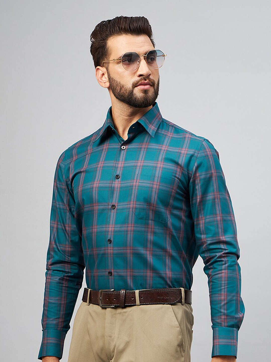 

LOUIS STITCH Comfort Regular Fit Checked Spread Collar Cotton Formal Shirt, Green