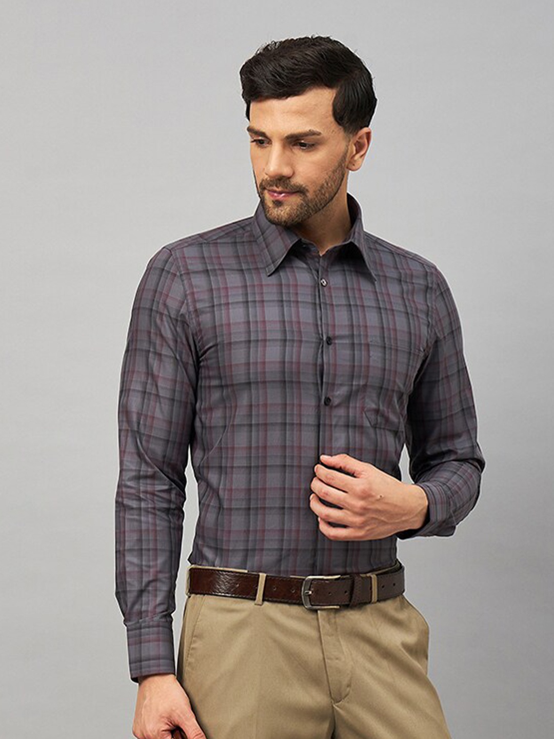 

LOUIS STITCH Comfort Tartan Checks Spread Collar Cotton Formal Shirt, Grey
