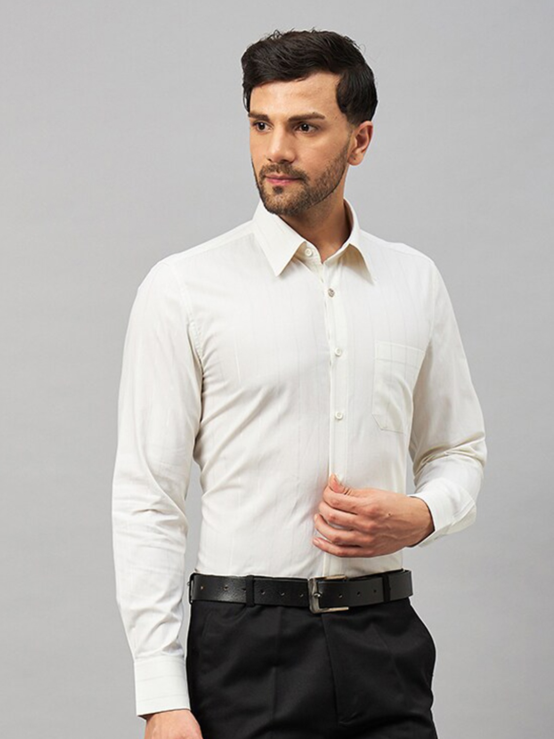 

LOUIS STITCH Comfort Vertical Stripes Cotton Formal Shirt, Cream