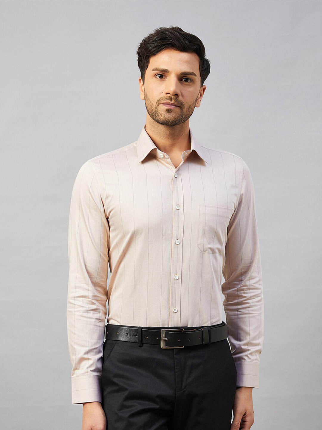 LOUIS STITCH Comfort Regular Fit Vertical Striped Spread Collar Cotton Formal Shirt, Off white
