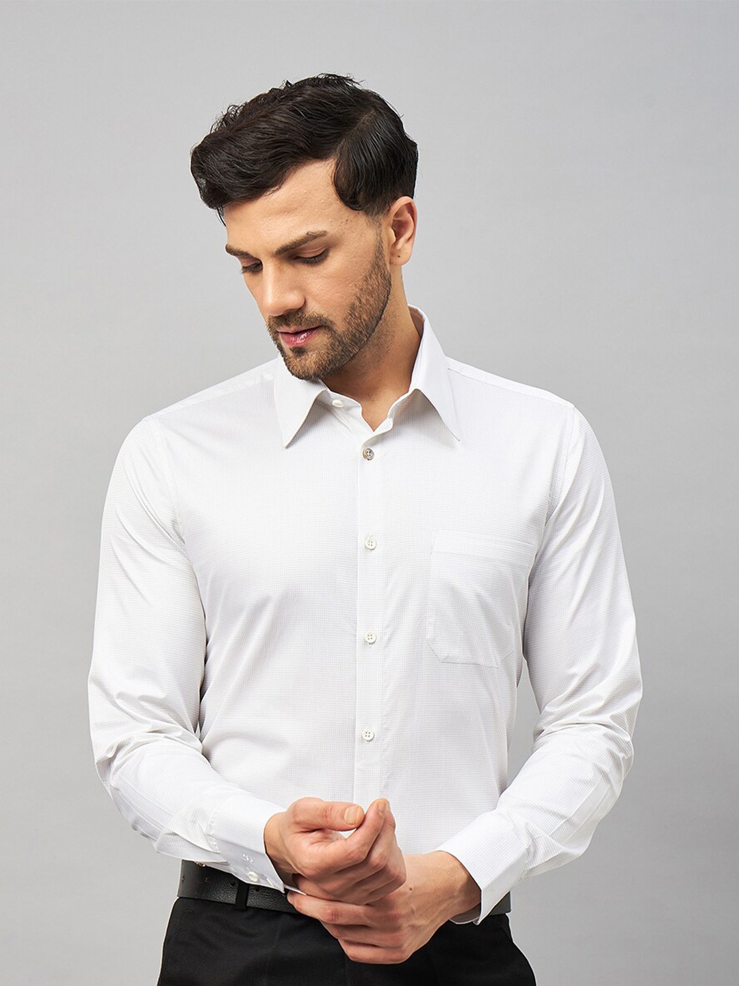 

LOUIS STITCH Comfort Checked Spread Collar Cotton Formal Shirt, White