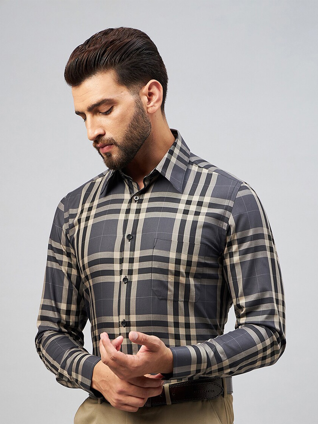 

LOUIS STITCH Comfort Tartan Checked Cotton Formal Shirt, Black