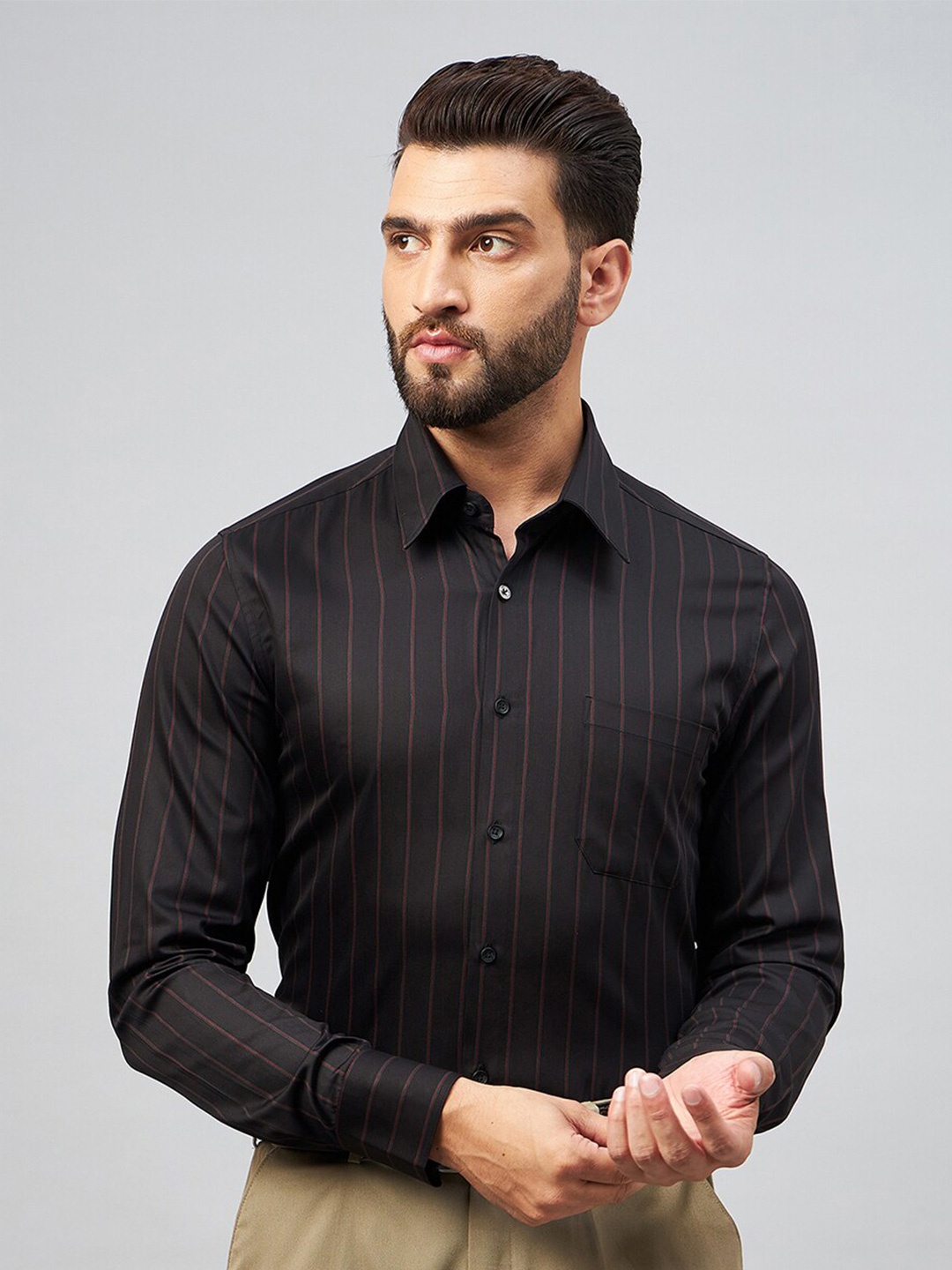 

LOUIS STITCH Comfort Striped Spread Collar Cotton Formal Shirt, Black